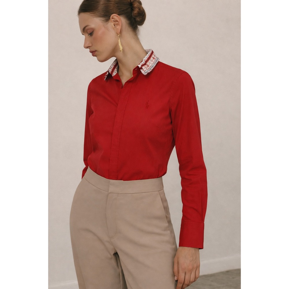 Ralph Lauren Women's Super Slim Fit Red Logo Cotton Shirt French Cuffs Size 4
